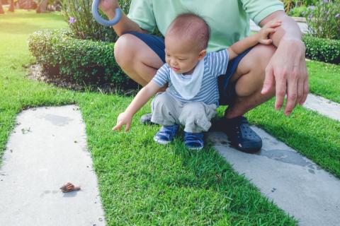 Accompagné par son père, un bébé pointe du doigt un escargot.