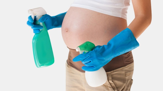 A photo of a pregnant woman with her belly exposed wearing blue rubber gloves and holding two spray bottles.