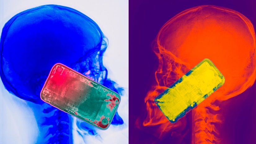  Colorized x-ray images of two people talking on cell phones.